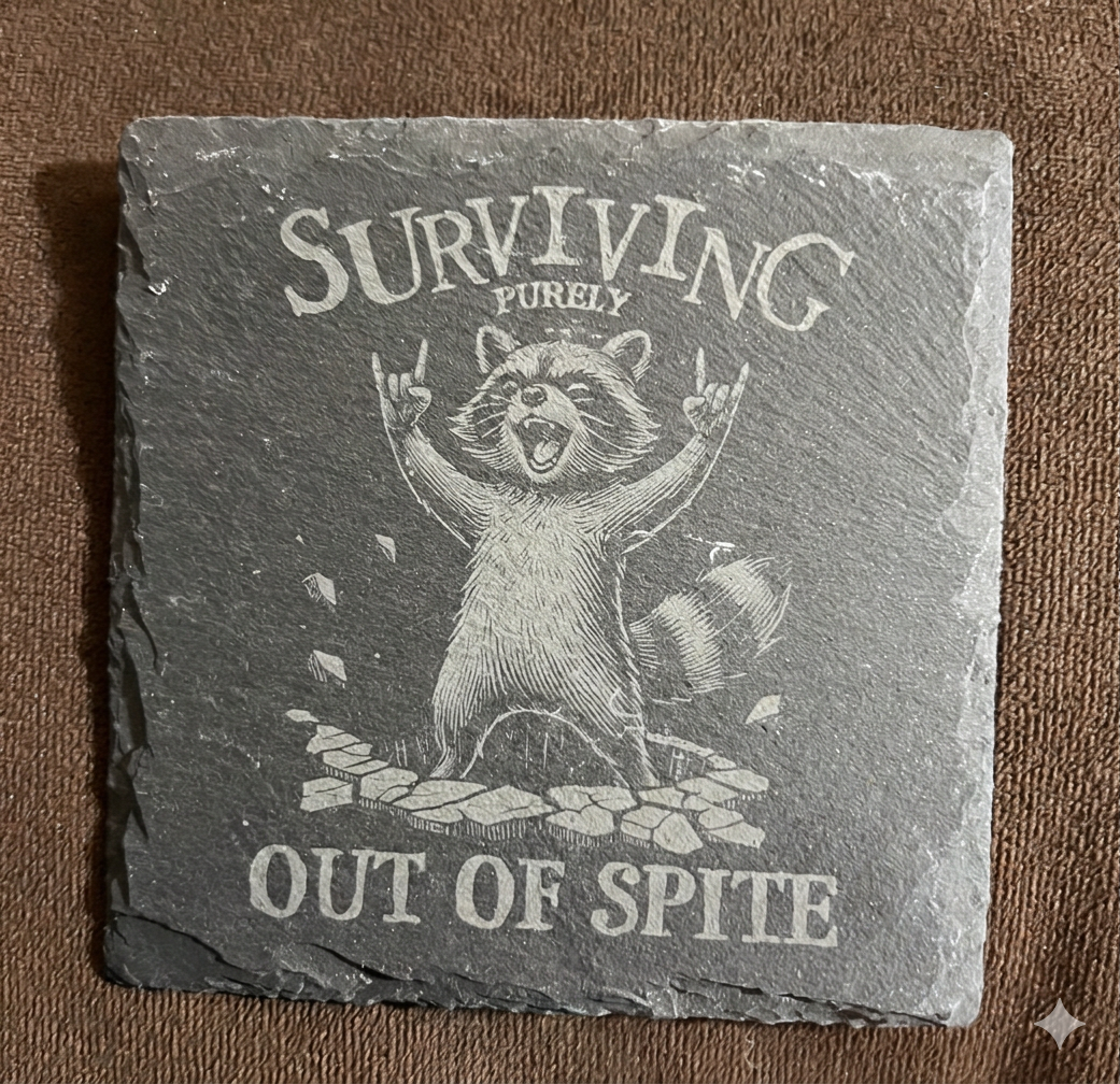 "Surviving Purely Out Of Spite" – Engraved Natural Slate Coaster