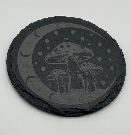 Celestial Mushrooms & Moon Phases – Engraved Slate Coaster