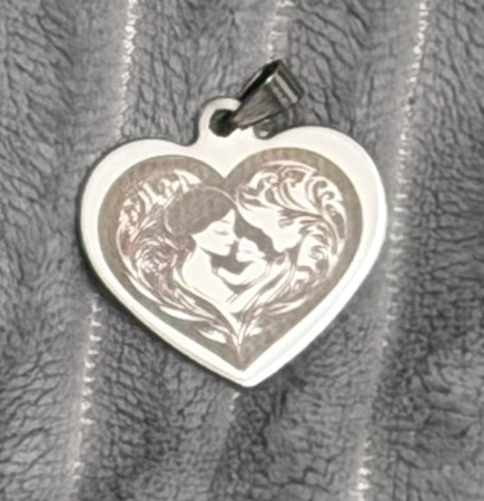 304 Stainless Steel Laser Engraved Mother & Child Heart Pendant